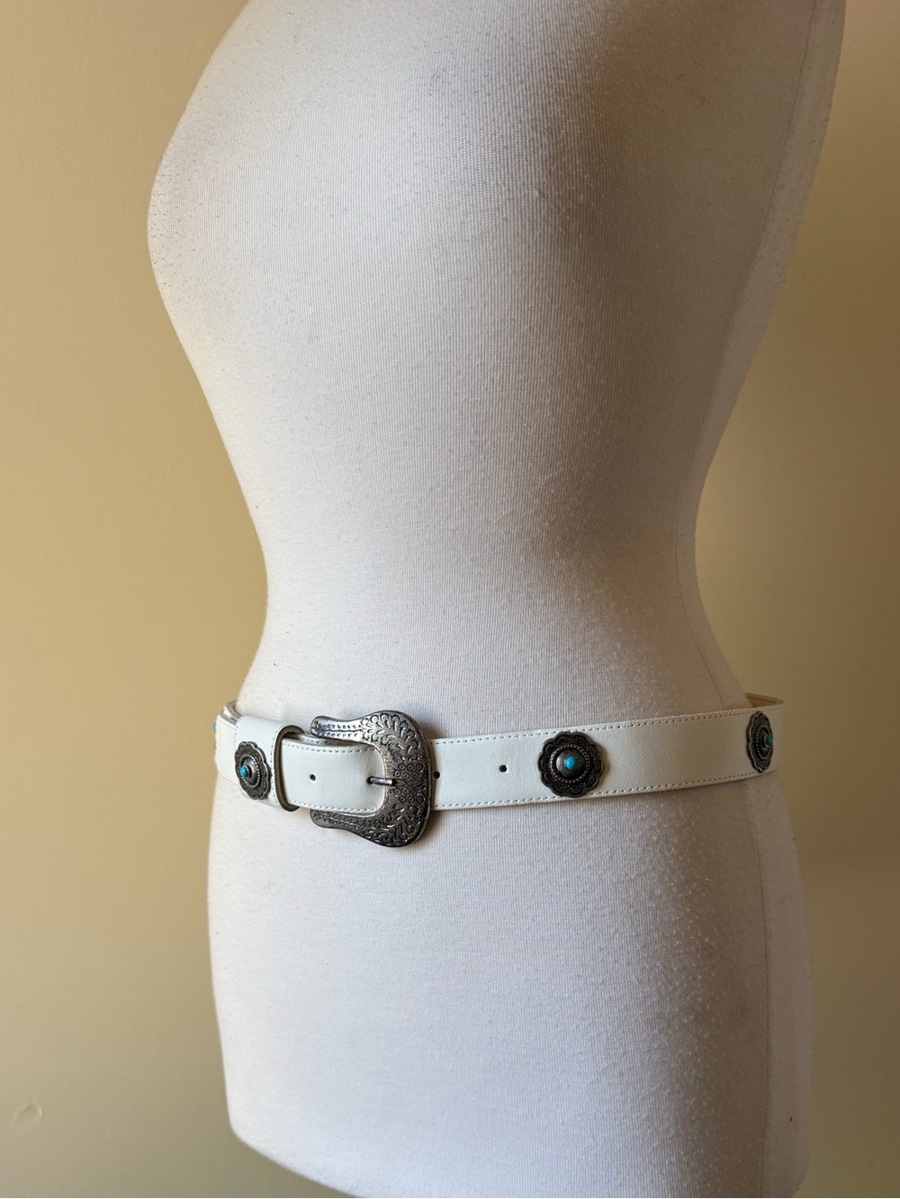 Vintage White Genuine Leather Concho Belt Turquoise Western Made in USA